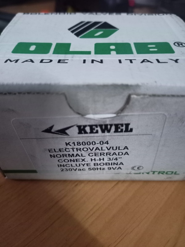 Electrovalvula Kewel N/C 3/4" con Conector